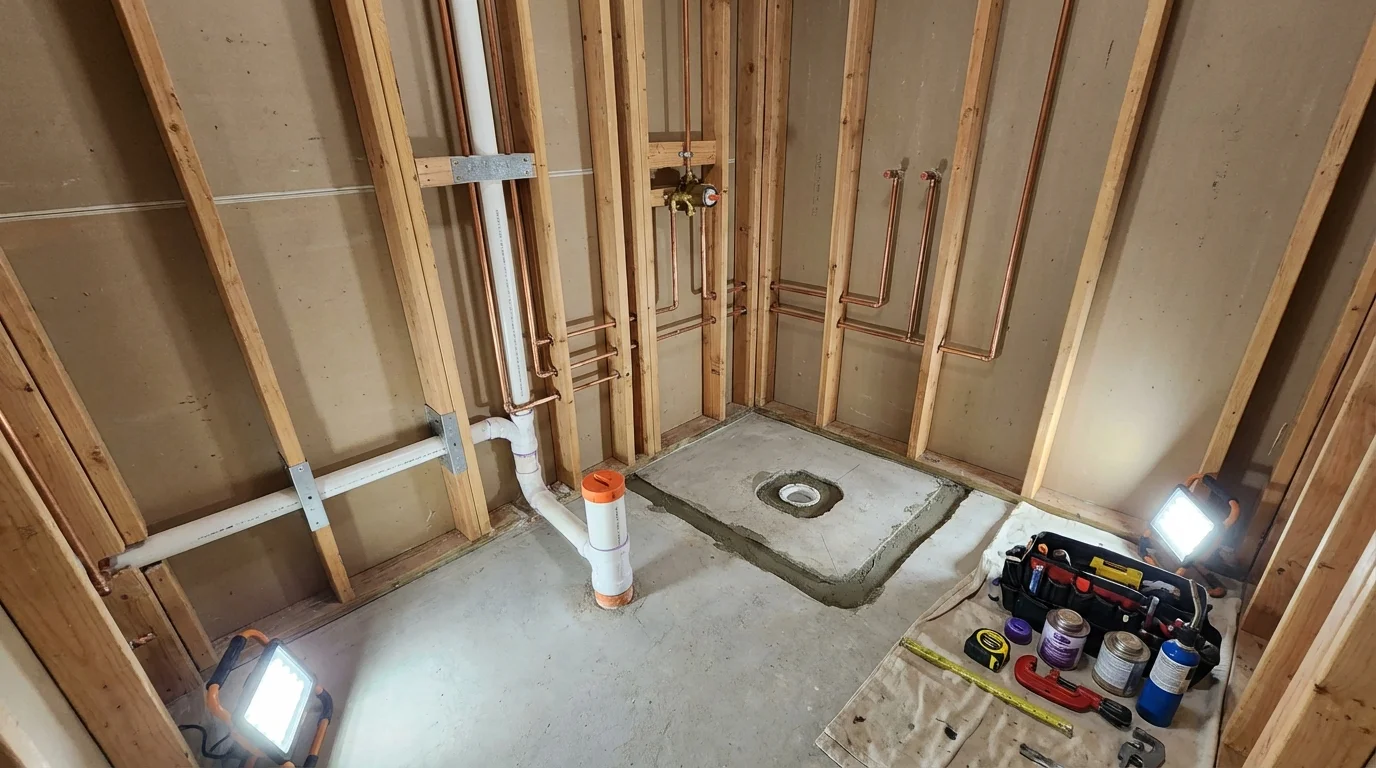Bathroom rough-in plumbing during remodel by Johns Plumbing LLC in East Rockaway