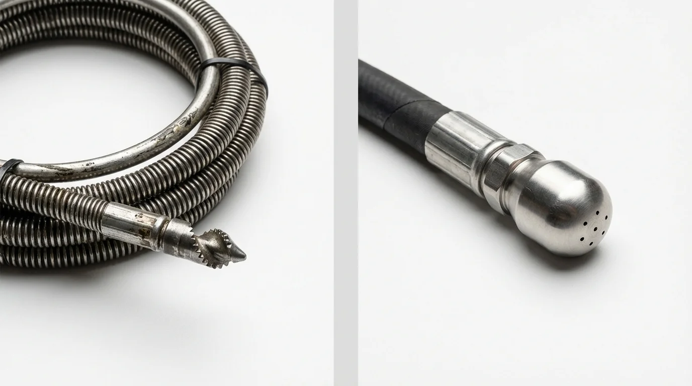 Drain snake cable and hydro jetting nozzle used for drain cleaning in East Rockaway, NY