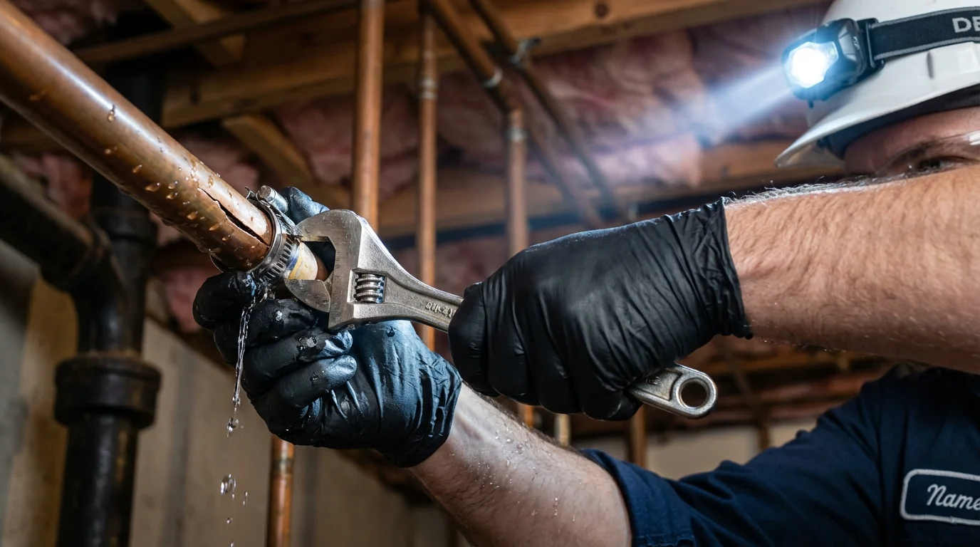 Emergency pipe clamp repair being performed by a Johns Plumbing LLC plumber in East Rockaway