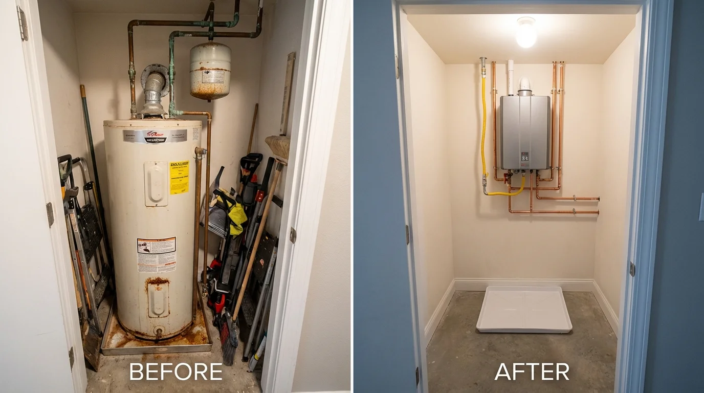 Tank water heater versus wall-mounted tankless unit comparison for East Rockaway, NY homeowners