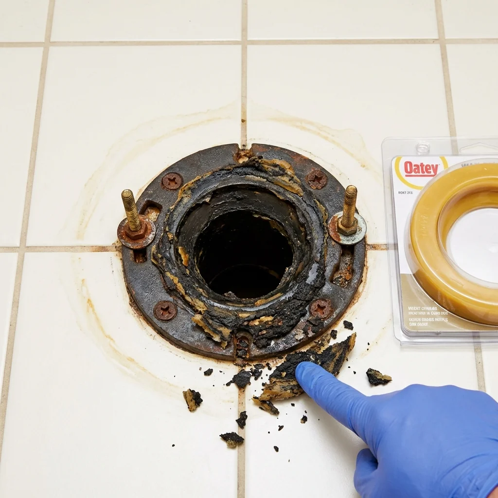 Failed wax ring showing water seepage at the base of a toilet in a East Rockaway, NY home