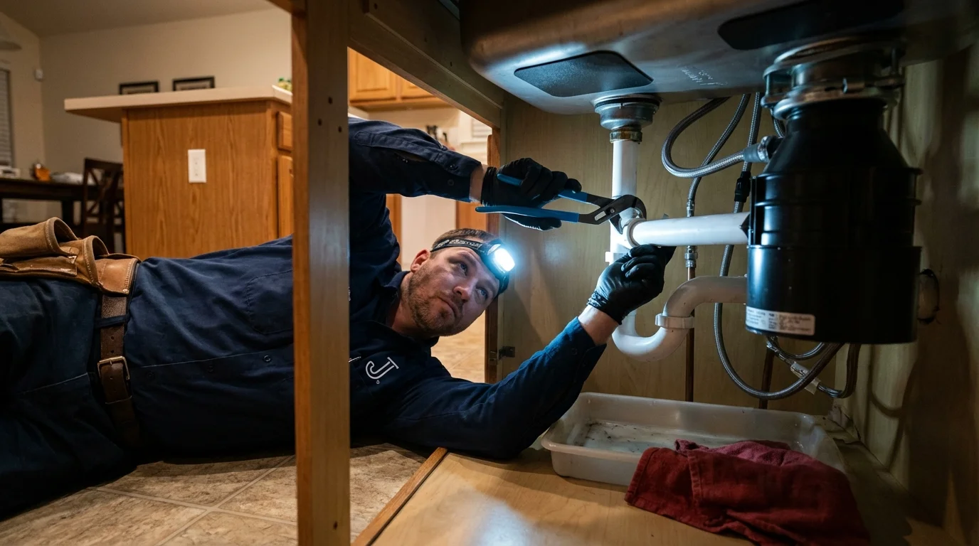 P-trap and supply line connections under a kitchen sink showing a common leak point in East Rockaway, NY